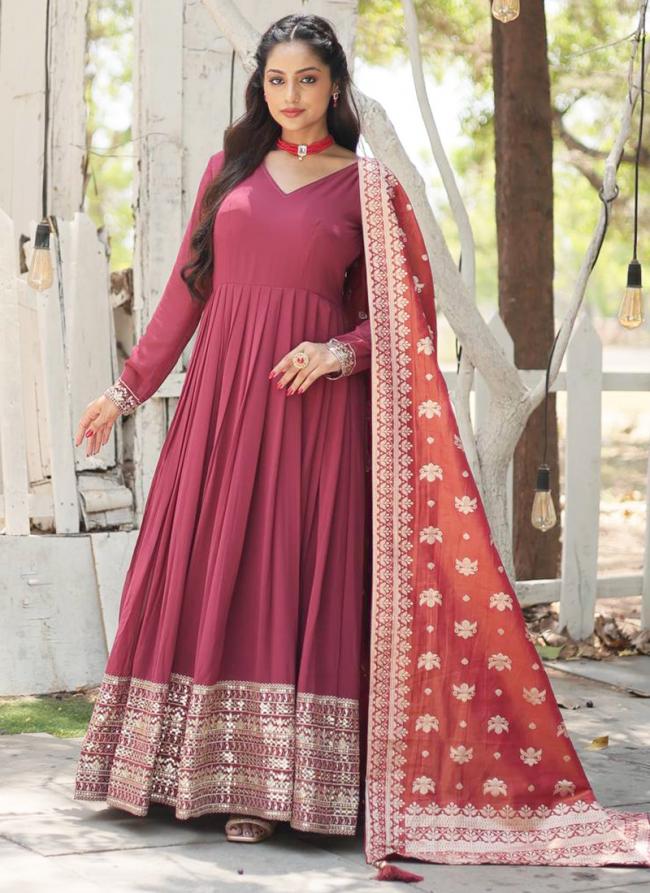 Faux Georgette Pink Party Wear Embroidery Work Readymade Gown With Dupatta